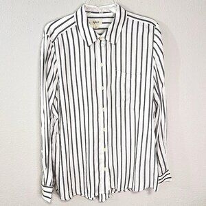 Style & Co Womens Shirt Button Up White with Gray Stripe Silver Thread Size L